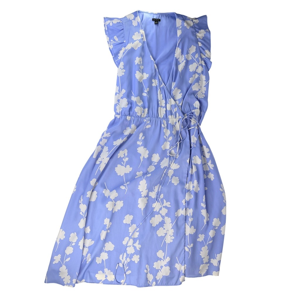Ann Taylor Floral Wrap Dress Periwinkle Blue Flutter Sleeve V-Neck Midi Size 12